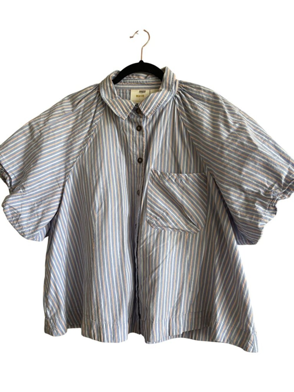 Anthropologie Maeve Zooey Bubble Sleeve Striped Blouse XL Cotton Blue Pink - Picture 2 of 13